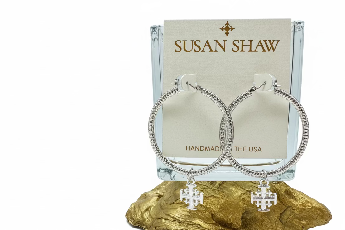 Susan Shaw Silver Jerusalam Cross on Hoop Earring