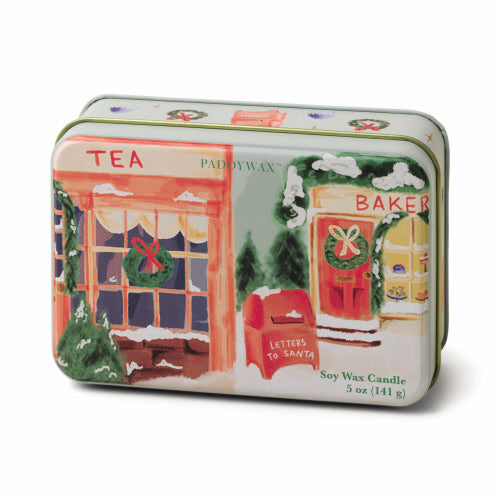 HOLIDAY TIN MATTE ILLUSTRATED TIN WITH STOREFRONT SCENE - SWEET ORANGE & FIR