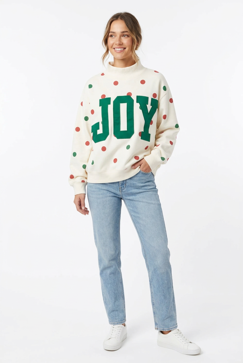 Joy Applique Polka-Dot Mockneck Sweatshirt