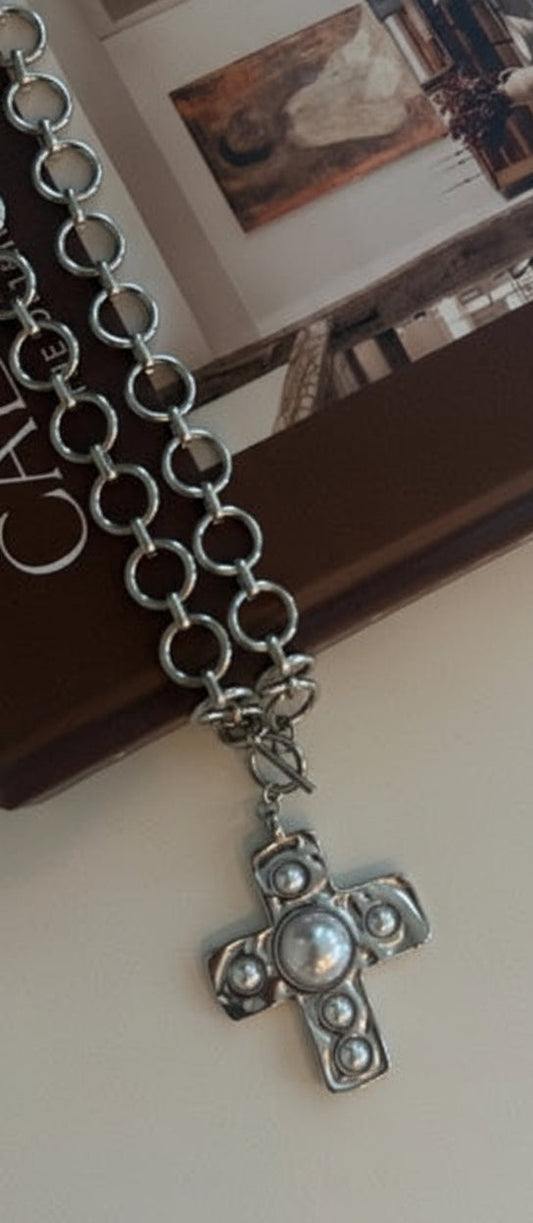 Silver Cross Pearl Necklace