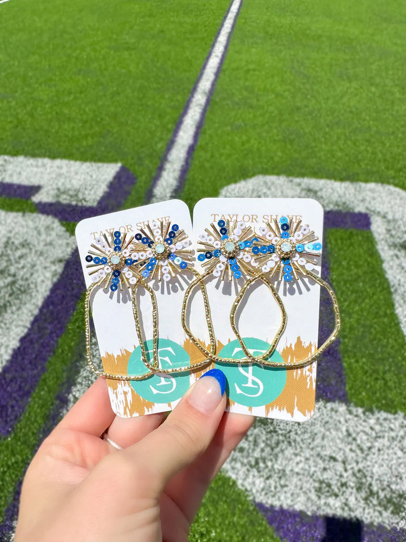 Taylor Shaye Blue and White Rectangular Sequin Sunburst Earrings