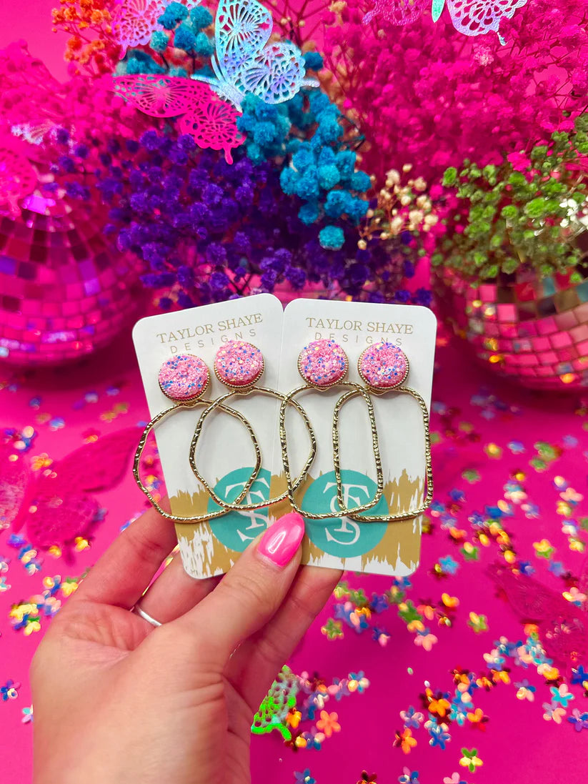 Taylor Shaye Baby Pink Round Glitter Top Hoops