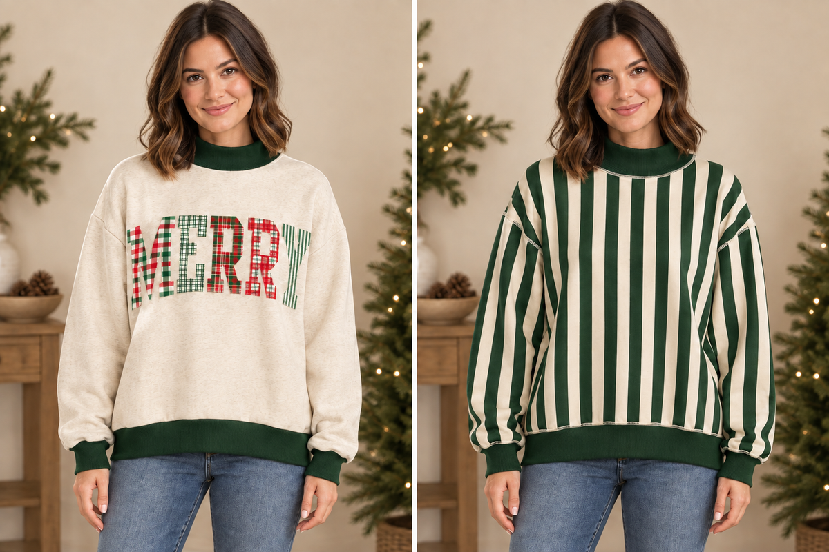 Model wearing the reversible Merry sweatshirt with a slightly longer front hem