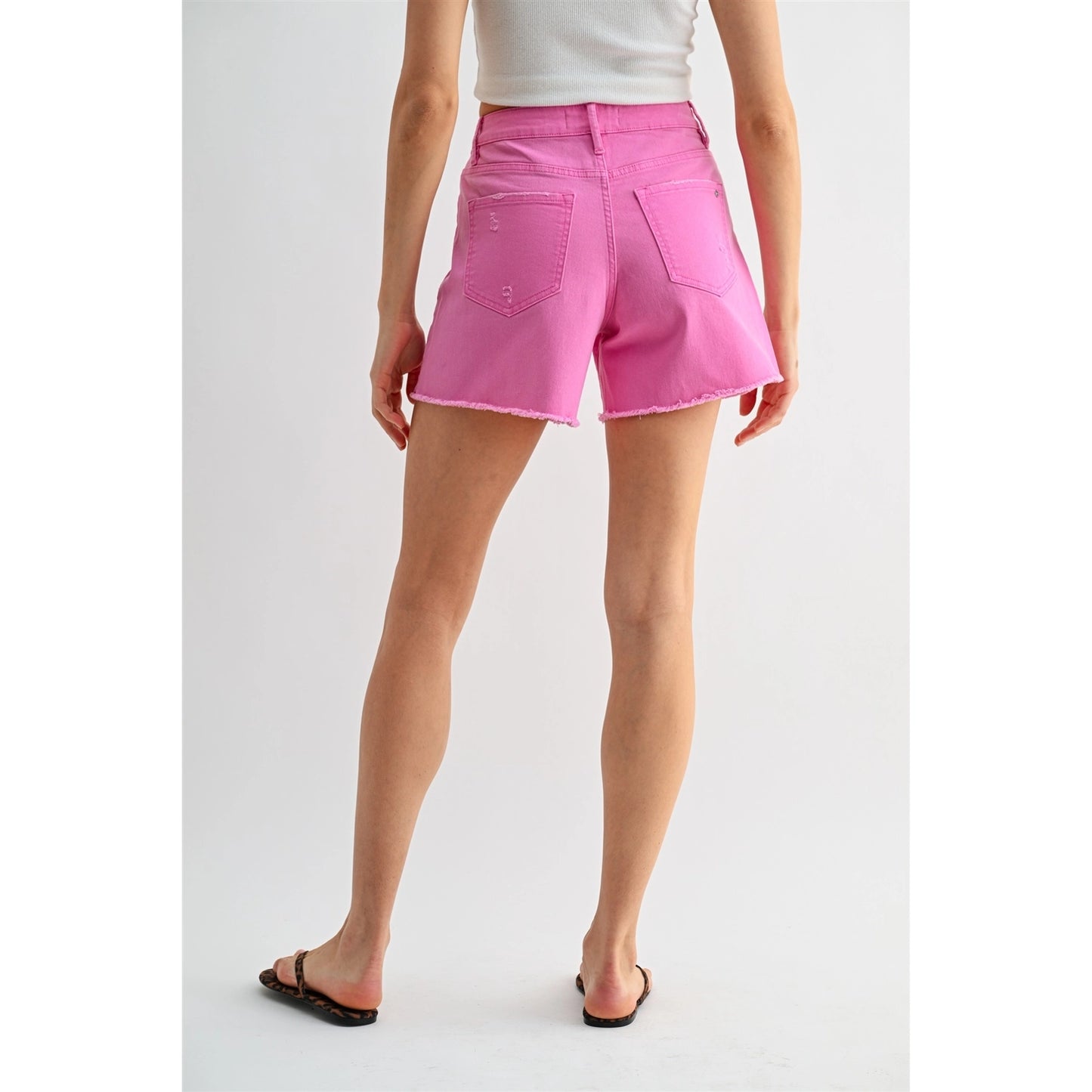 High-Rise Raw Hem Mid Length Shorts