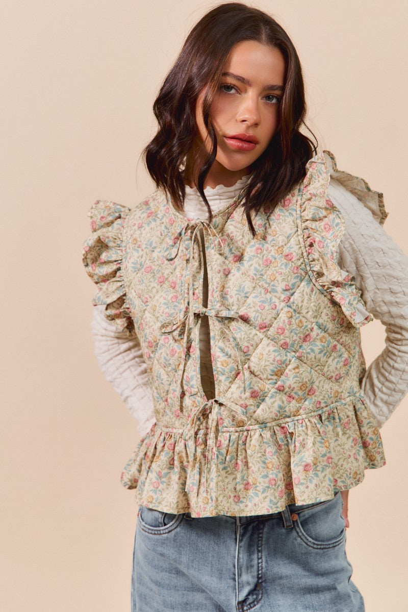 Floral Woven Print Ruffled Quilted Vest