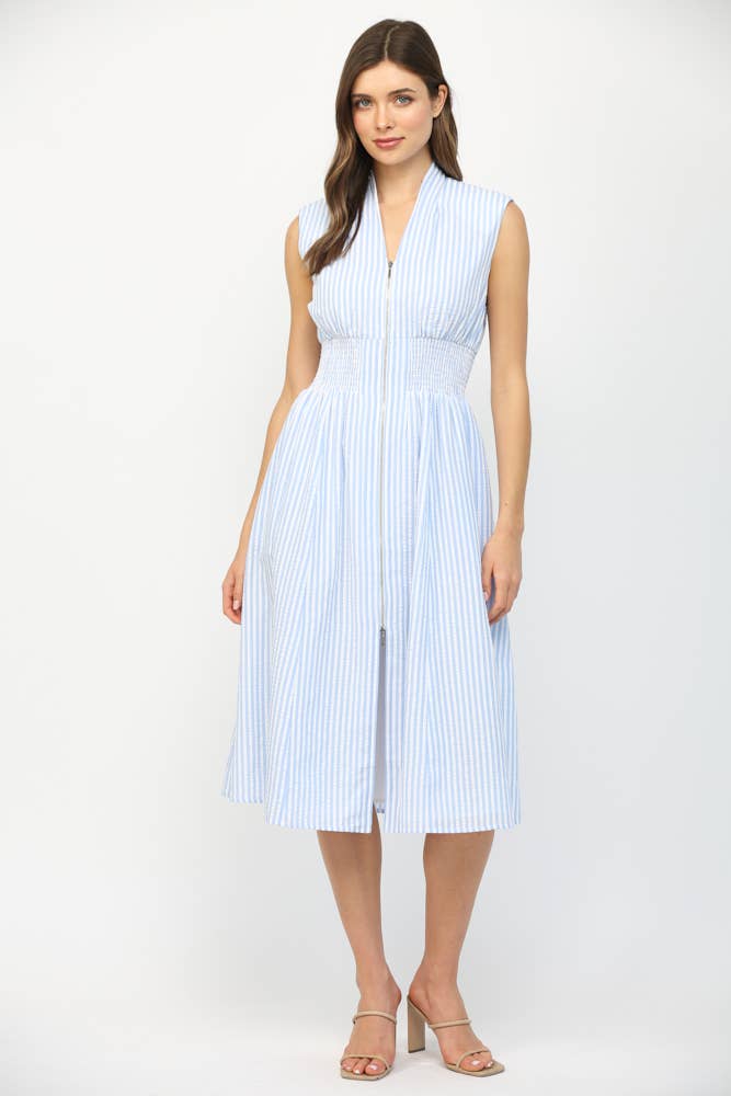 STRIPED FRONT ZIP CLOSURE V-NECKLINE MIDI DRESS FD32412
