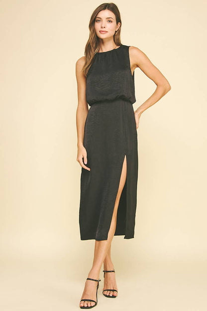 SILKY SIDE SLIT MIDI DRESS
