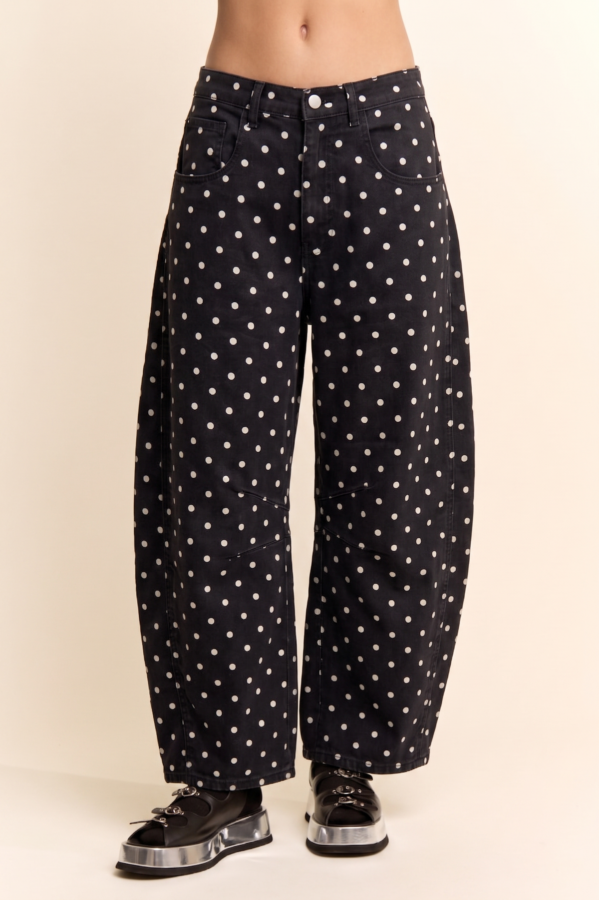 Dot print barrel leg pants, Black