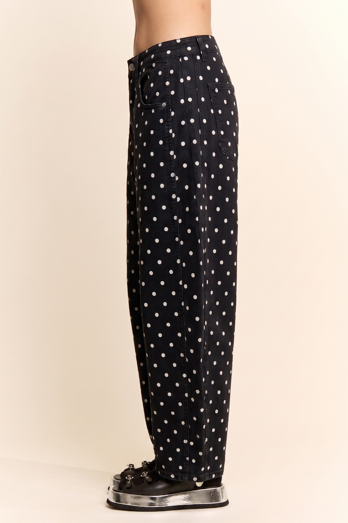 Dot print barrel leg pants, Black