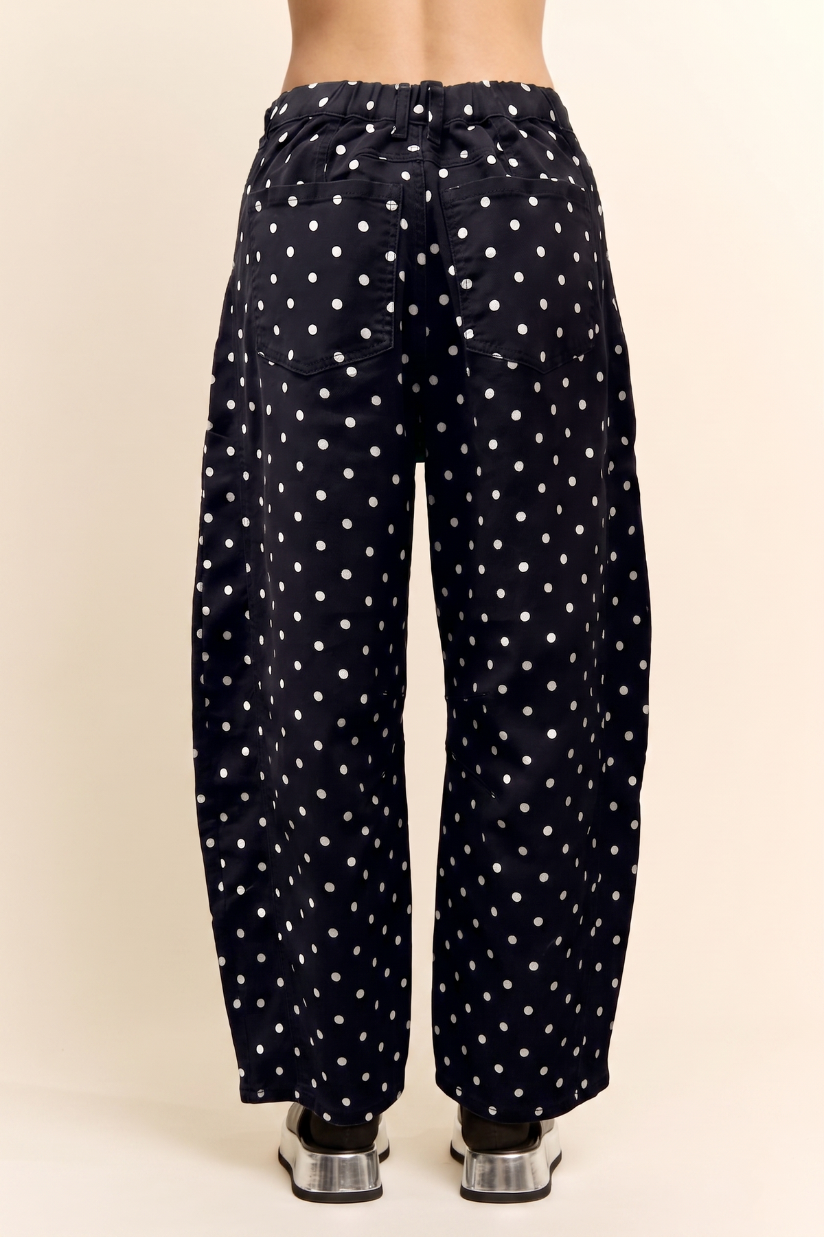 Dot print barrel leg pants, Black