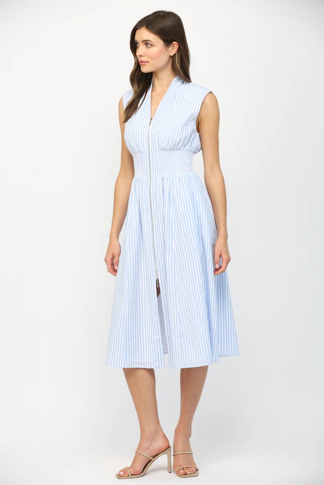 STRIPED FRONT ZIP CLOSURE V-NECKLINE MIDI DRESS FD32412