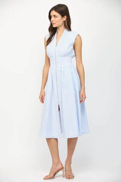 STRIPED FRONT ZIP CLOSURE V-NECKLINE MIDI DRESS FD32412