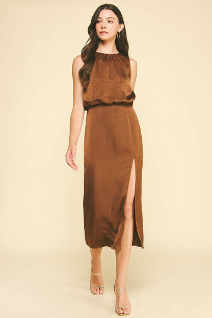 SILKY SIDE SLIT MIDI DRESS