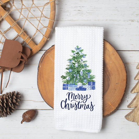 Chinoiserie Christmas Tree Towel, Blue Holiday Kitchen Decor