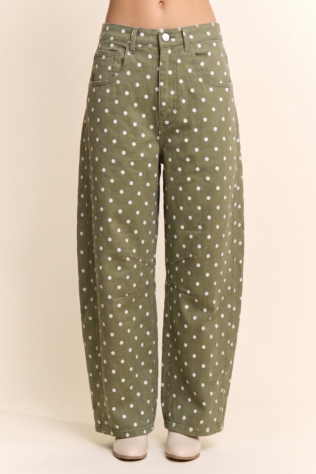 Dot print barrel leg pants, Olive