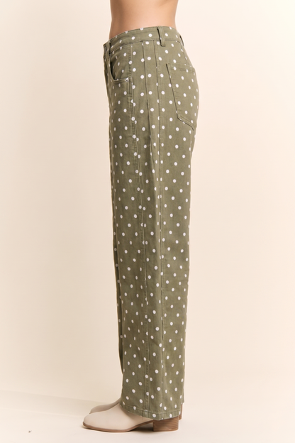 Dot print barrel leg pants, Olive