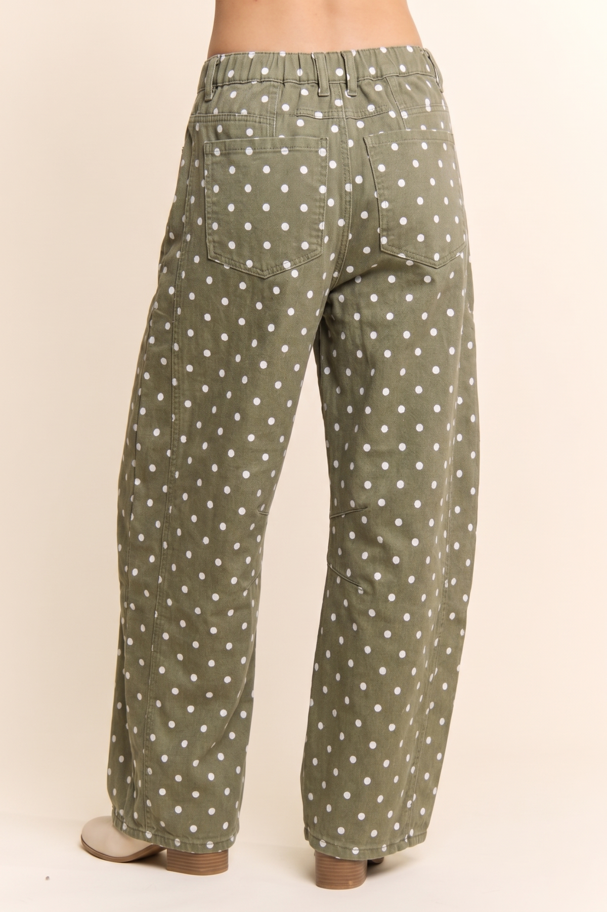 Dot print barrel leg pants, Olive