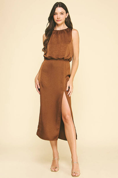 SILKY SIDE SLIT MIDI DRESS