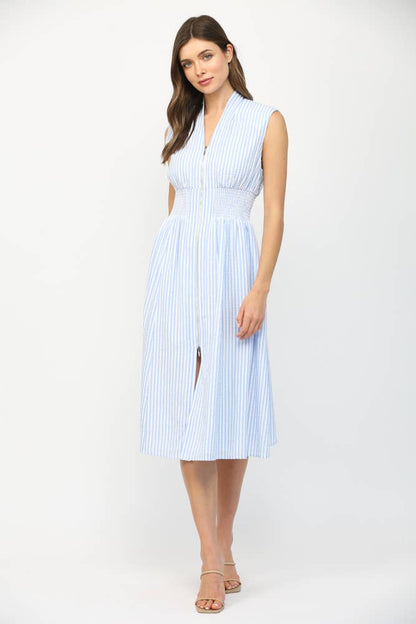 STRIPED FRONT ZIP CLOSURE V-NECKLINE MIDI DRESS FD32412