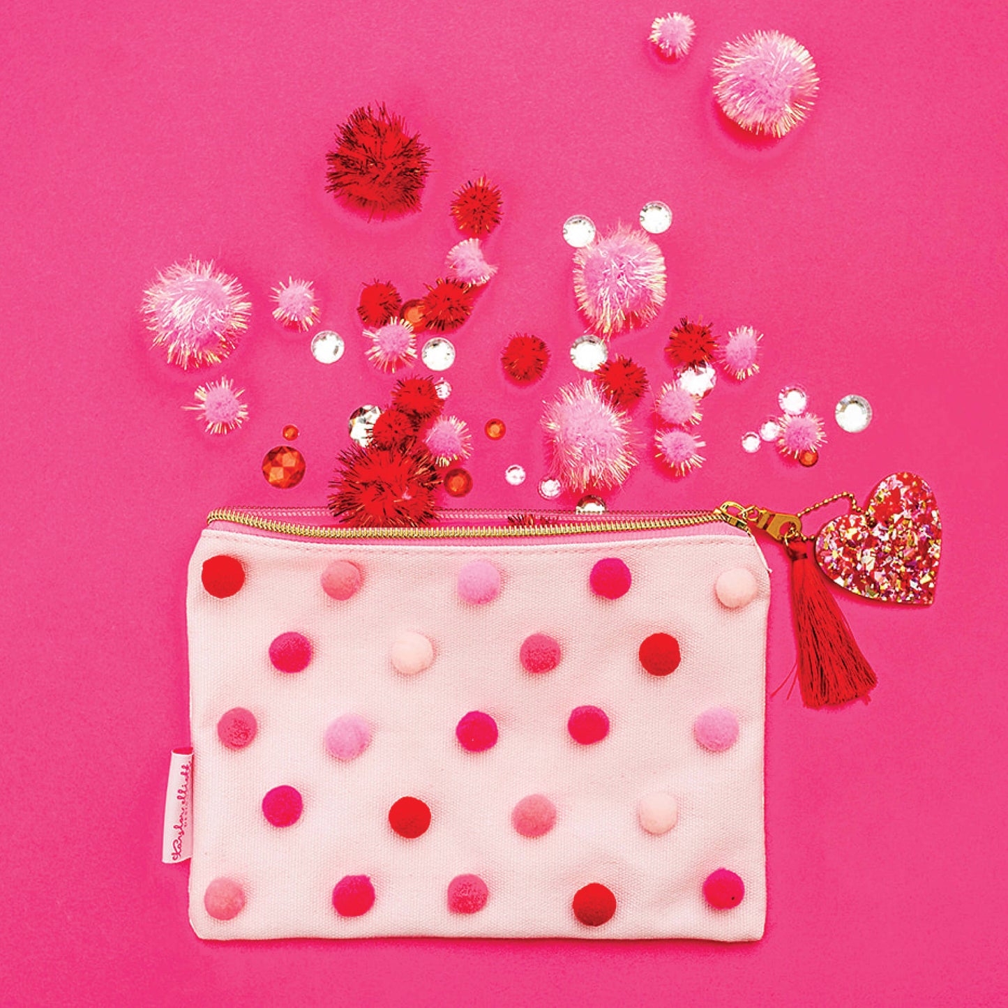 Red and Pink Pom Pom Pouch