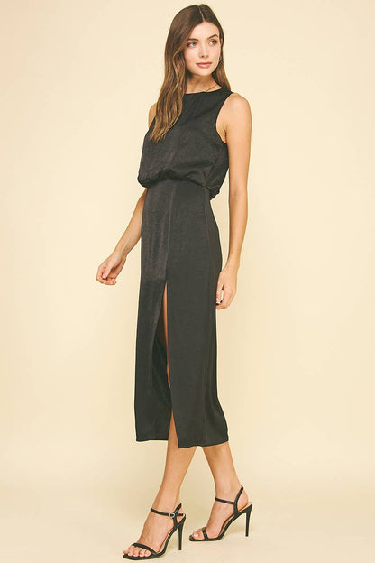 SILKY SIDE SLIT MIDI DRESS