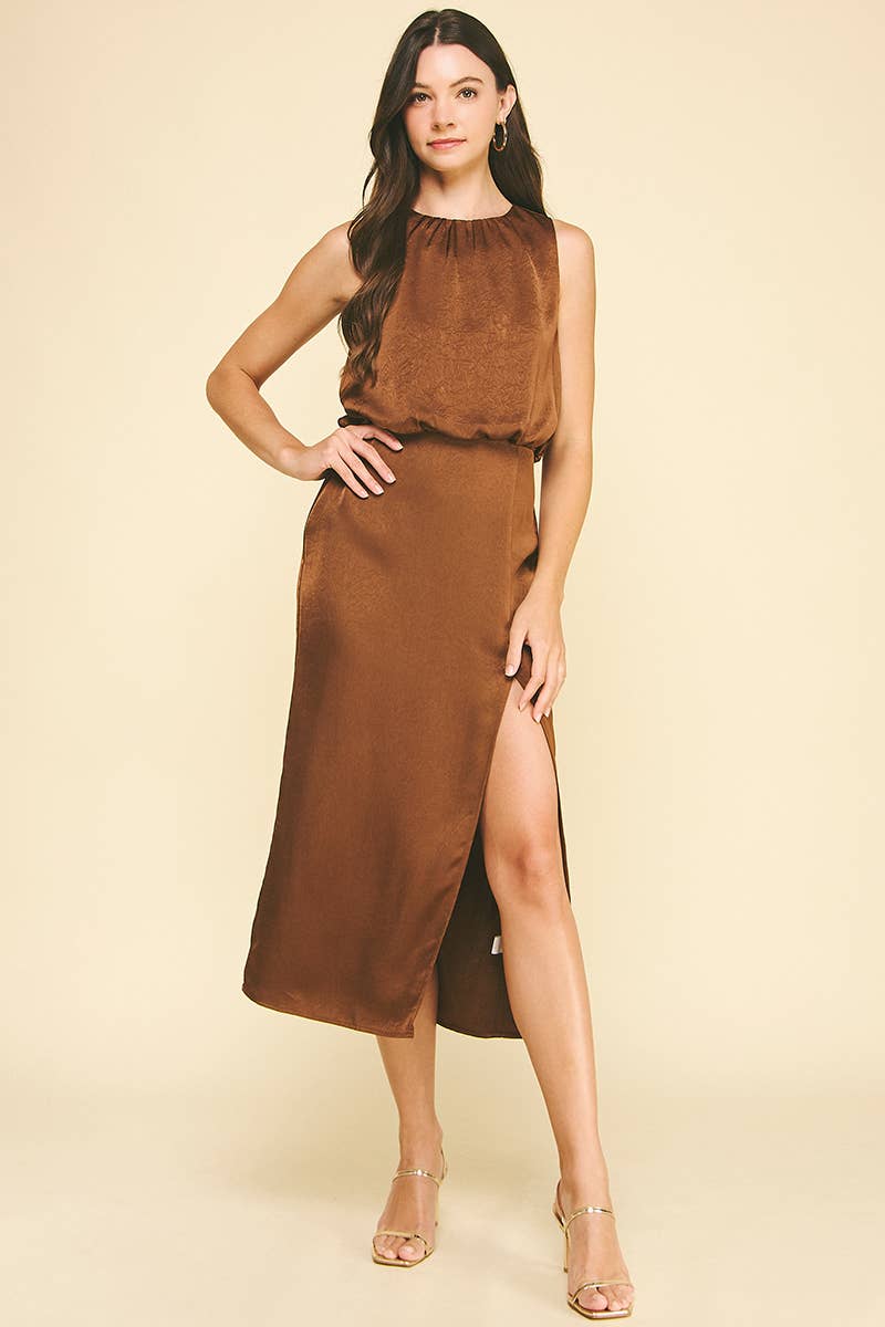SILKY SIDE SLIT MIDI DRESS
