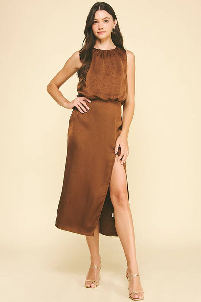 SILKY SIDE SLIT MIDI DRESS