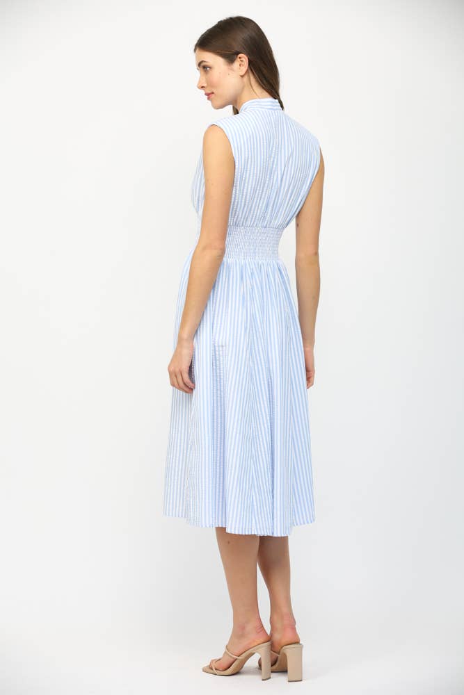 STRIPED FRONT ZIP CLOSURE V-NECKLINE MIDI DRESS FD32412