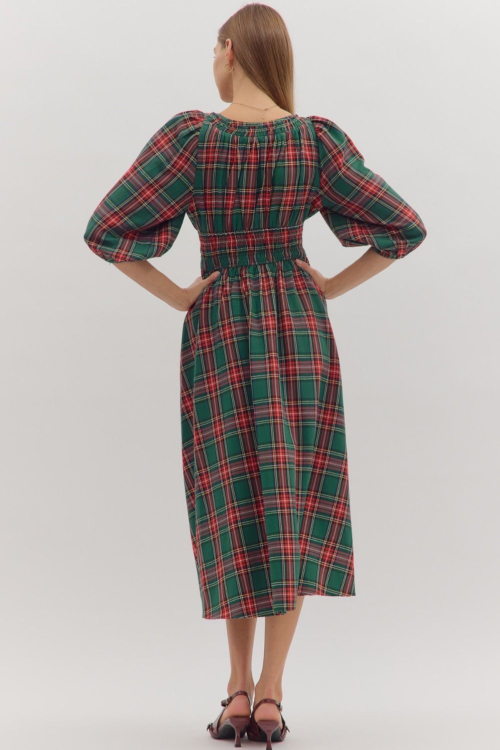 Neve Green and Red Dress with Black Ribbons