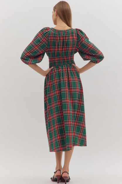 Neve Green and Red Dress with Black Ribbons