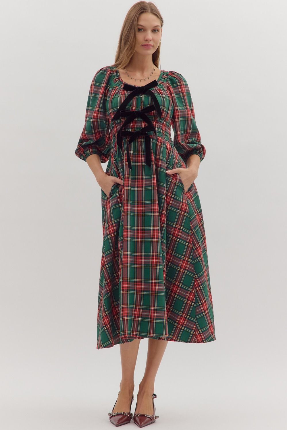 Neve Green and Red Dress with Black Ribbons