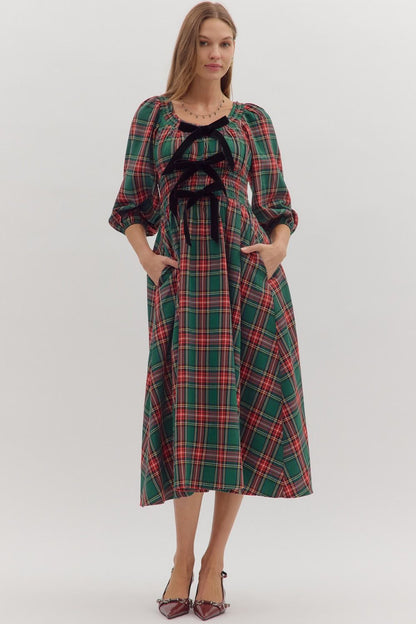 Neve Green and Red Dress with Black Ribbons