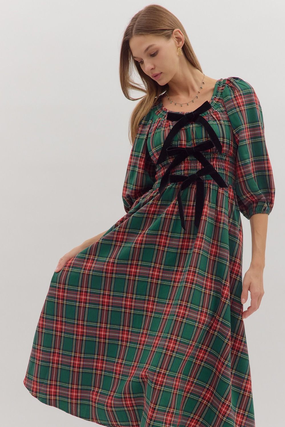 Neve Green and Red Dress with Black Ribbons