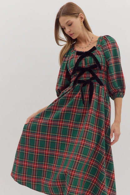 Neve Green and Red Dress with Black Ribbons