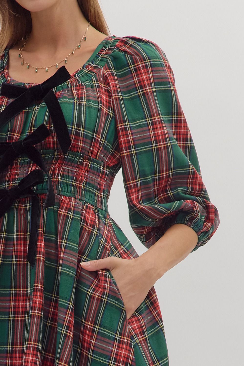 Neve Green and Red Dress with Black Ribbons