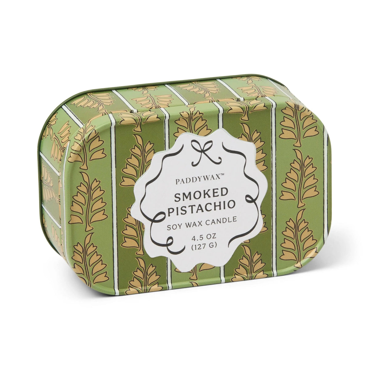 Smoked Pistachio Chérie 4.5 oz green patterned tin candle