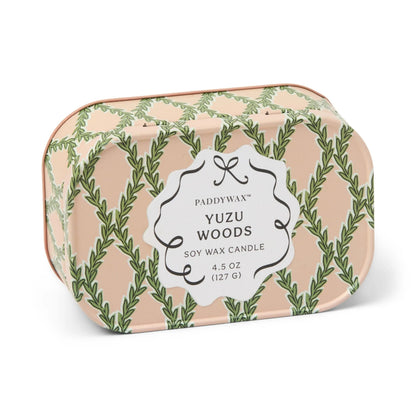 Yuzu Woods Chérie 4.5 oz pink and green patterned tin candle