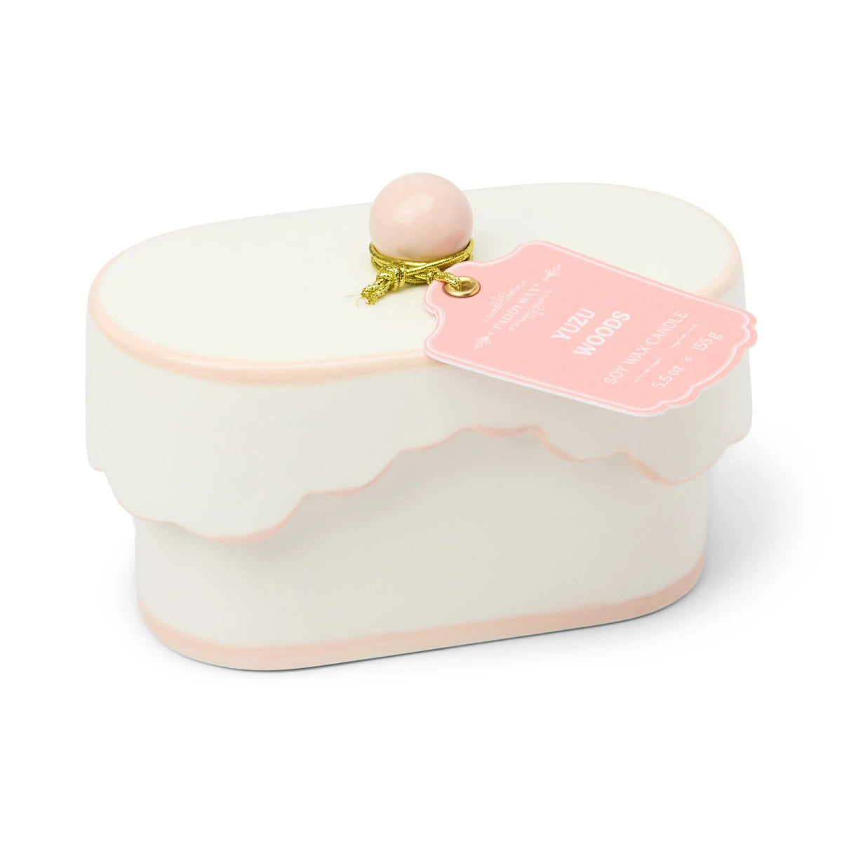 Yuzu Woods Chérie 5.5 oz ceramic candle with light pink accents and scalloped lid