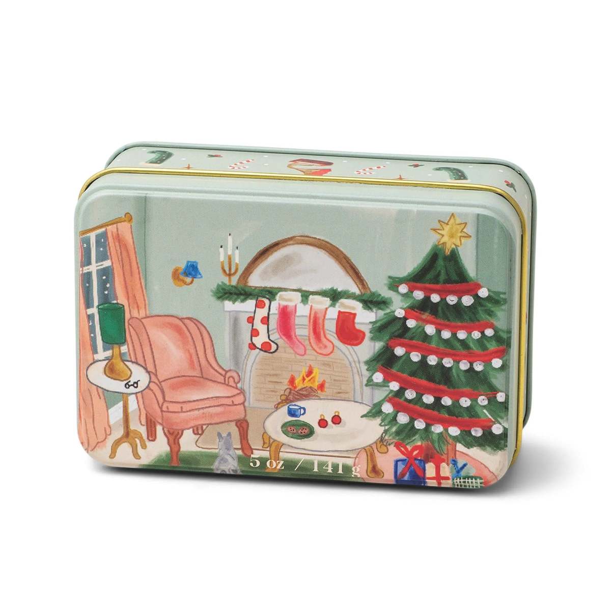 Persimmon & Chestnut Holiday Tin Candle with living room Christmas scene