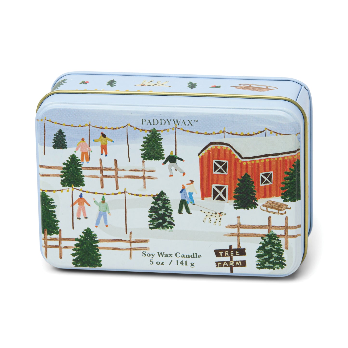 CANDLE IN A MATTE PRINTED CHRISTMAS TIN WITH TREE FARM SCENE