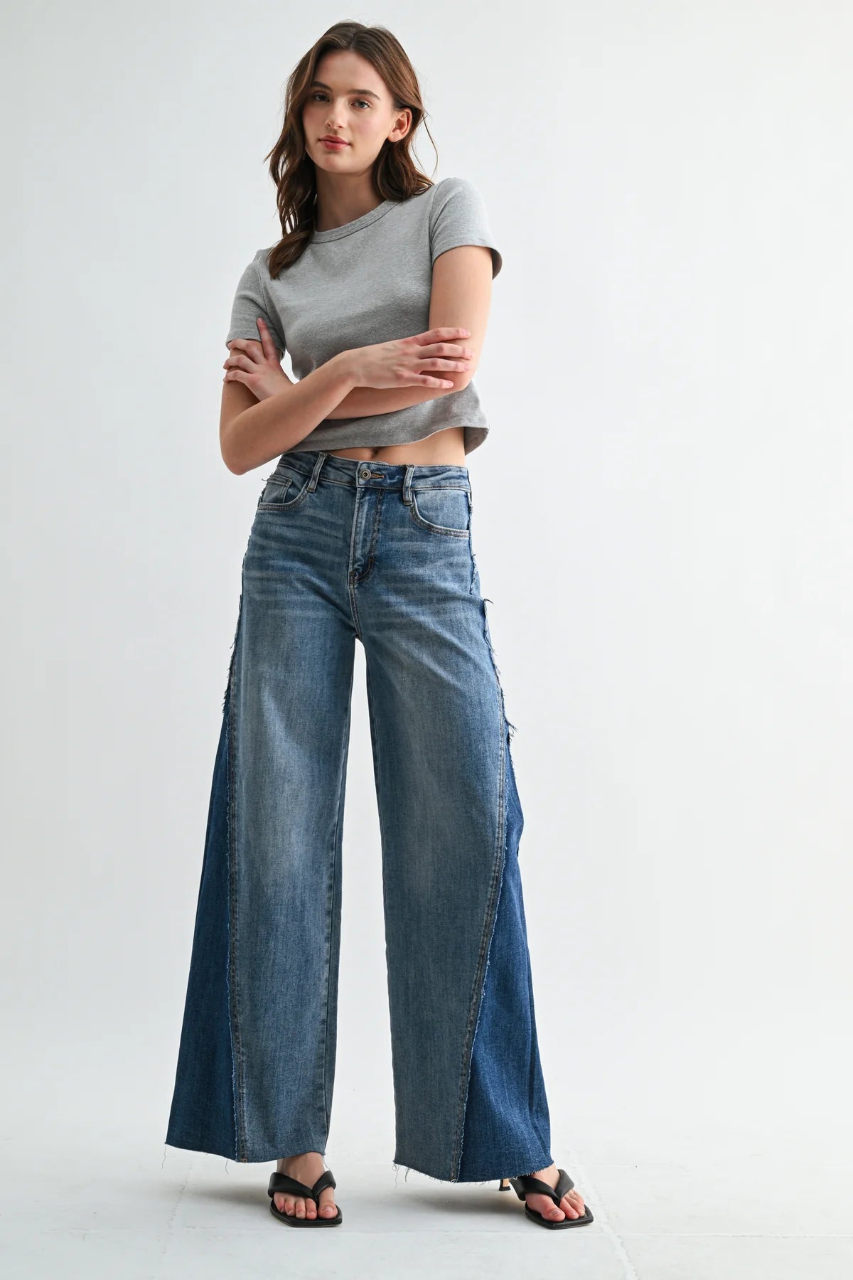 High Rise Wide Leg Two- Tone Denim