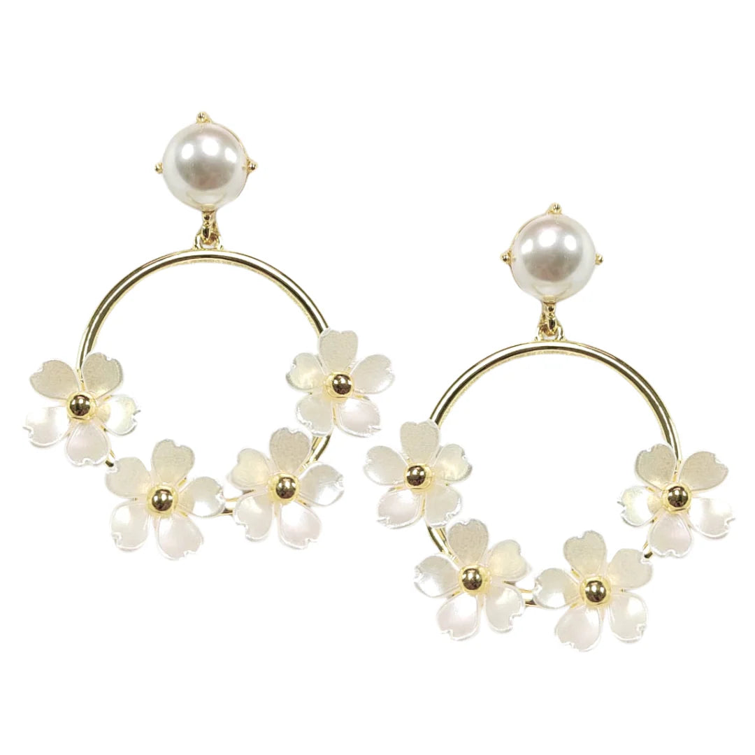 Brianna Cannon White Pearl Flower Drop Hoop Earrings