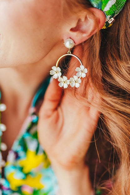Brianna Cannon White Pearl Flower Drop Hoop Earrings
