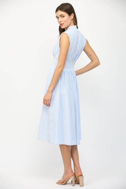 STRIPED FRONT ZIP CLOSURE V-NECKLINE MIDI DRESS FD32412