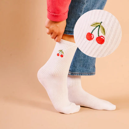Cherry Embroidered Crew Socks