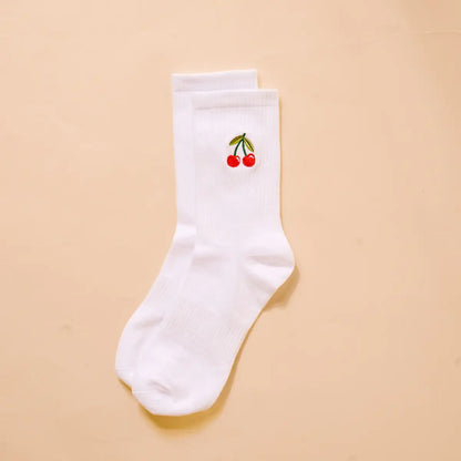 Cherry Embroidered Crew Socks