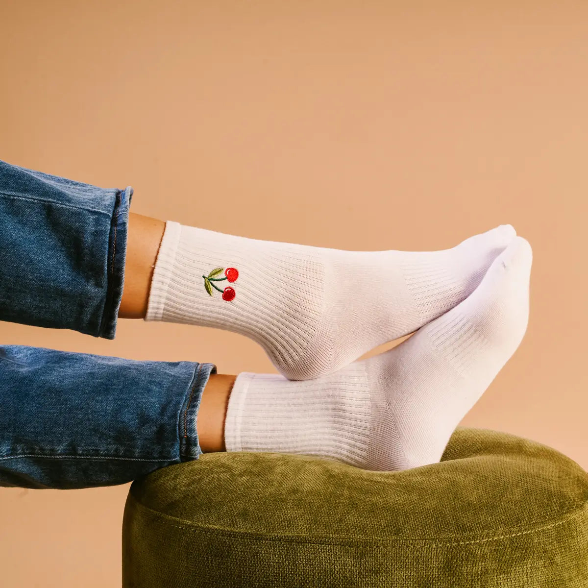 Cherry Embroidered Crew Socks