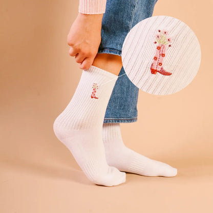Cowgirl Boot Embroidered Crew Socks
