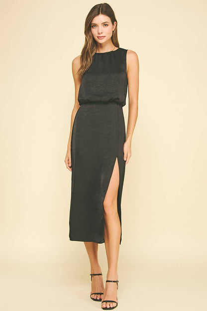 SILKY SIDE SLIT MIDI DRESS