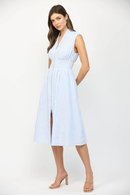 STRIPED FRONT ZIP CLOSURE V-NECKLINE MIDI DRESS FD32412